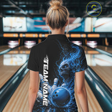 Load image into Gallery viewer, Custom Name Blue Flame Skull Bowling Women Polo Shirts, Halloween Team Bowling Outfit IPHW11392
