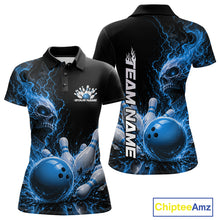 Load image into Gallery viewer, Custom Name Blue Flame Skull Bowling Women Polo Shirts, Halloween Team Bowling Outfit IPHW11392