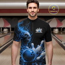 Load image into Gallery viewer, Custom Name Blue Flame Skull Bowling Men Quarter-Zip Shirts, Halloween Team Bowling Outfit IPHW11392