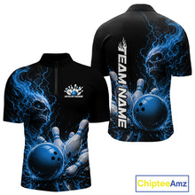 Load image into Gallery viewer, Custom Name Blue Flame Skull Bowling Men Quarter-Zip Shirts, Halloween Team Bowling Outfit IPHW11392