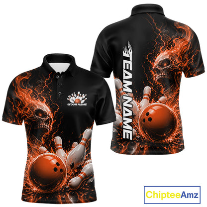 Front and back mockup of a black men's bowling polo featuring an orange flaming skull, lightning, bowling pins, and a custom name.
