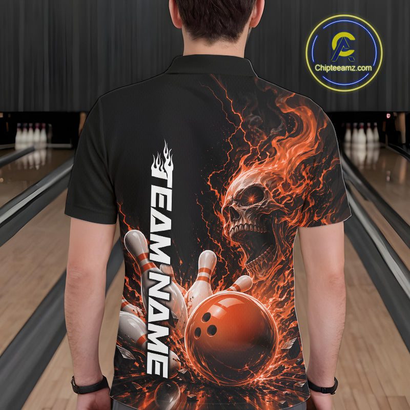 Back view of a male model in a bowling alley wearing a black bowling polo with an orange flaming skull, lightning, bowling pins, and a custom name.
