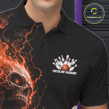Close up of the left chest on a black bowling polo featuring an orange flaming skull graphic with a custom name.

