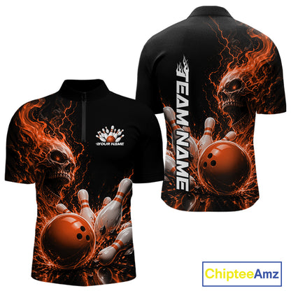 Front and back views of a black men's quarter zip bowling shirt mockup featuring an orange fiery skull with lightning striking a bowling ball and pins and a custom name.
