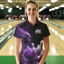 Load image into Gallery viewer, Custom Name Purple Flame Skull Bowling Women Polo Shirts, Halloween Team Bowling Outfit IPHW11394