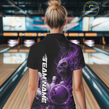 Load image into Gallery viewer, Custom Name Purple Flame Skull Bowling Women Polo Shirts, Halloween Team Bowling Outfit IPHW11394