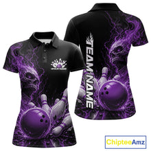 Load image into Gallery viewer, Custom Name Purple Flame Skull Bowling Women Polo Shirts, Halloween Team Bowling Outfit IPHW11394
