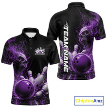 Load image into Gallery viewer, Custom Name Purple Flame Skull Bowling Men Polo Shirts, Halloween Team Bowling Outfit IPHW11394