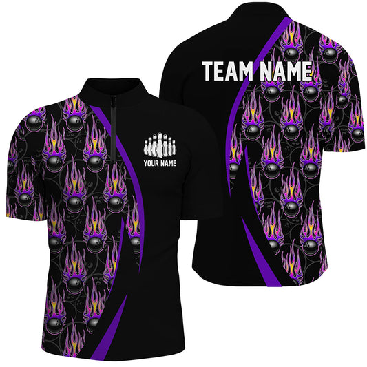 Purple Flame Bowling Ball Pattern Custom Bowling Shirts For Men, Fire Bowling League Outfits IPHW6733