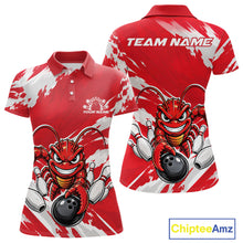 Load image into Gallery viewer, Front and back views of a red custom women's bowling polo shirt featuring a fierce yet funny crawfish bowling character and a distressed background design.
