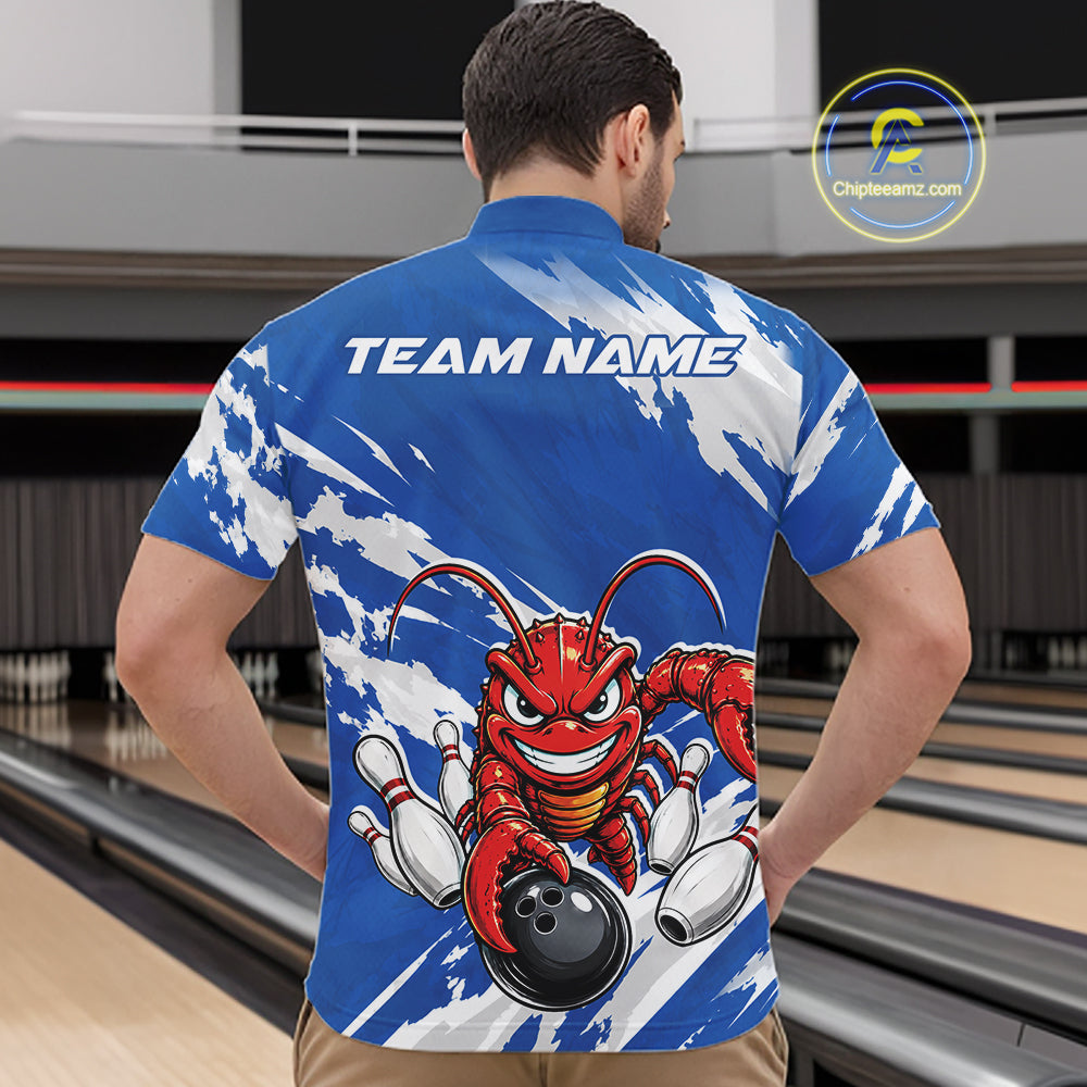 Back view of a male model in a bowling alley wearing a blue custom quarter zip bowling shirt with an aggressive crawfish bowling design and a distressed background.