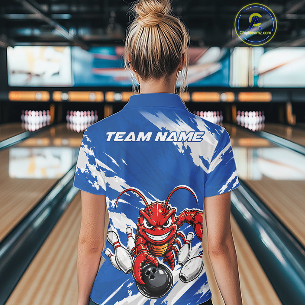 Back view of a female model in a bowling alley wearing a blue custom quarter zip bowling shirt with an aggressive crawfish bowling design and a distressed background.