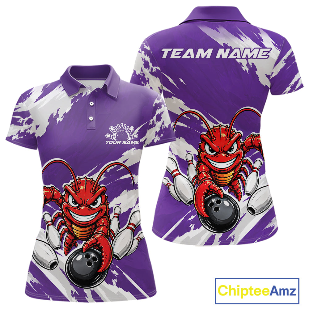 Front and back views of a purple custom women's bowling polo shirt featuring a fierce yet funny crawfish bowling character and a distressed background design.