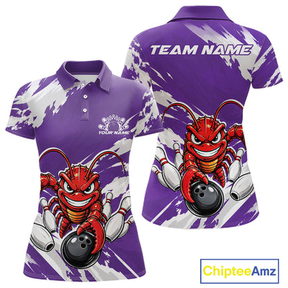 Front and back views of a purple custom women's bowling polo shirt featuring a fierce yet funny crawfish bowling character and a distressed background design.