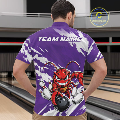 Back view of a male model in a bowling alley wearing a purple custom quarter zip bowling shirt with an aggressive crawfish bowling design and a distressed background.