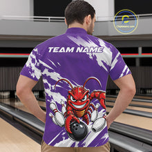 Load image into Gallery viewer, Back view of a male model in a bowling alley wearing a purple custom quarter zip bowling shirt with an aggressive crawfish bowling design and a distressed background.