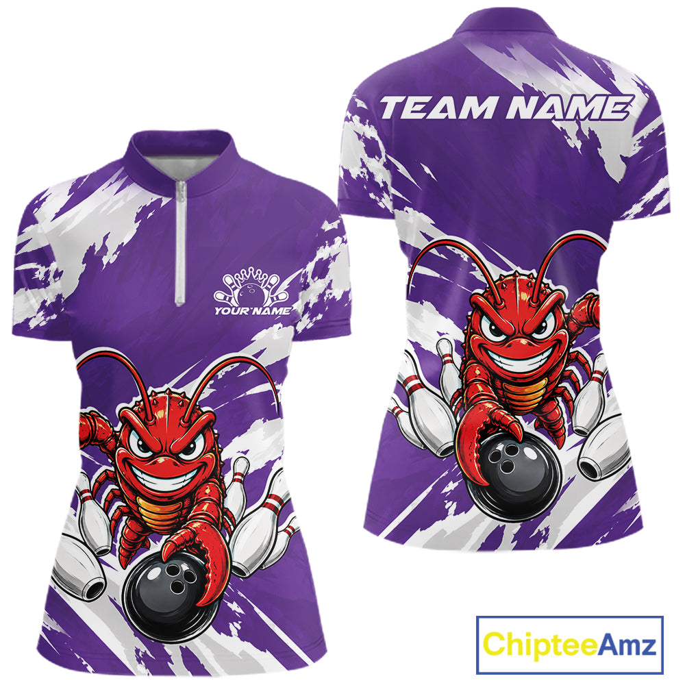 Front and back views of a purple custom women's quarter zip bowling shirt featuring an aggressive crawfish bowling design with a distressed background.