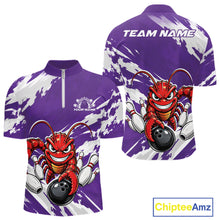 Load image into Gallery viewer, Front and back views of a purple custom quarter zip bowling shirt featuring an aggressive crawfish bowling design with a distressed background.