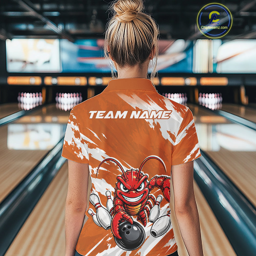 Back view of a female model in a bowling alley wearing an orange custom quarter zip bowling shirt with an aggressive crawfish bowling design and a distressed background.