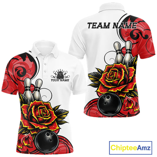 Custom Red Rose Bowling Men Polo Shirt, Floral Bowling Team Shirt IPHW11690
