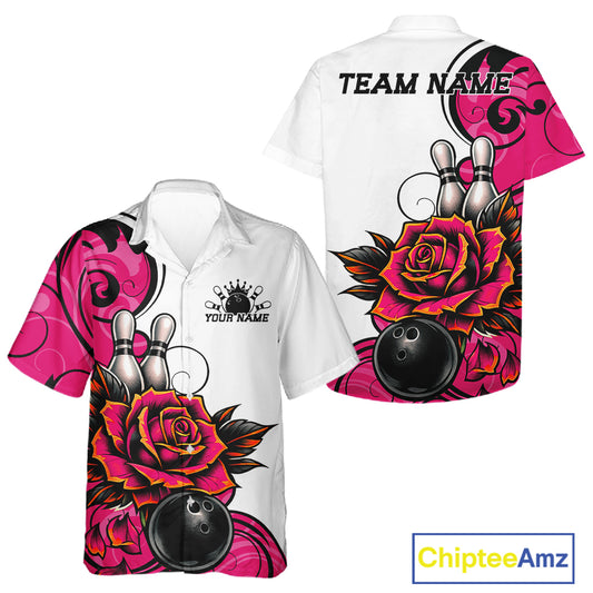 Custom Pink Rose Bowling Men And Women Hawaiian Shirt, Floral Bowling Team Shirt IPHW11691