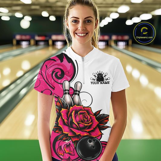 Custom Pink Rose Bowling Women Quarter-Zip Shirt, Floral Bowling Team Shirt IPHW11691