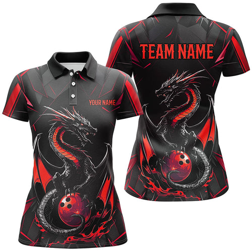 Custom Black And Red Dragon Bowling Shirts For Women, Dragon Bowling Team Shirts Uniform IPHW7313