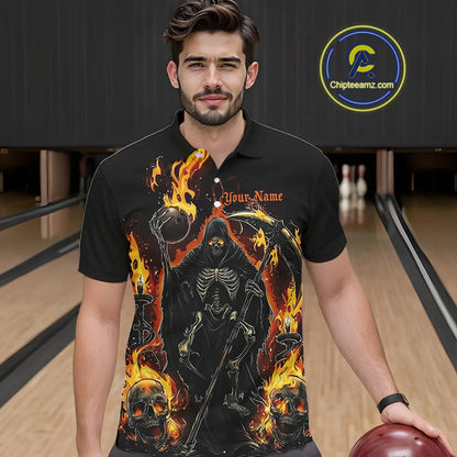 Grim Reaper Custom Flame Bowling Shirts For Men, Black And Fiery Halloween Bowling Outfits IPHW7631