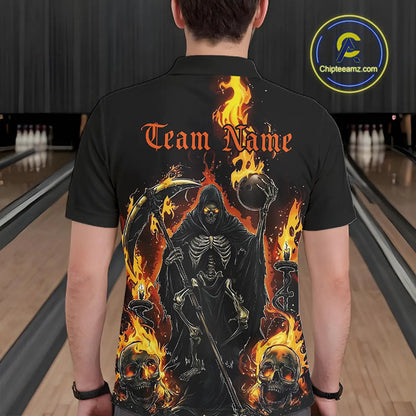 Grim Reaper Custom Flame Bowling Shirts For Men, Black And Fiery Halloween Bowling Outfits IPHW7631