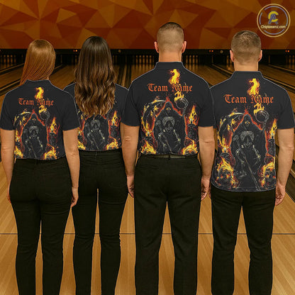 Grim Reaper Custom Flame Bowling Shirts For Men, Black And Fiery Halloween Bowling Outfits IPHW7631