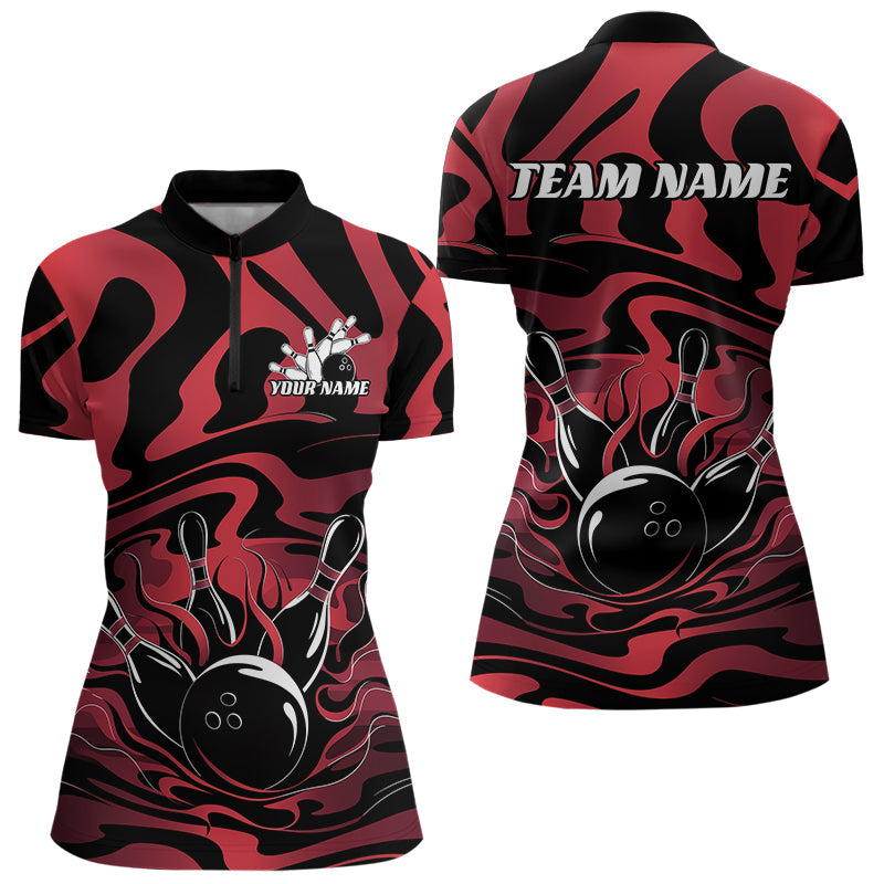 Custom Red And Black Flame Bowling Quarter-Zip Shirts For Women, Bowling Jerseys IPHW8041
