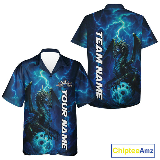 Custom Blue Thunder Lightning Bowling Team Men And Women Hawaiian Shirt, Dragon Bowling Jerseys IPHW10194