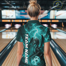 Load image into Gallery viewer, Custom Turquoise Blue Thunder Lightning Bowling Team Women Polo Shirt, Bowling Jerseys IPHW10196