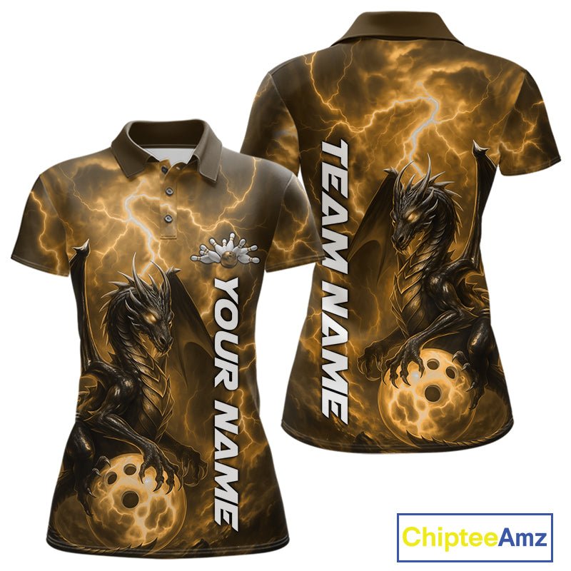 Custom Yellow Thunder Lightning Bowling Team Women Polo Shirt, Dragon Bowling Jerseys IPHW10198