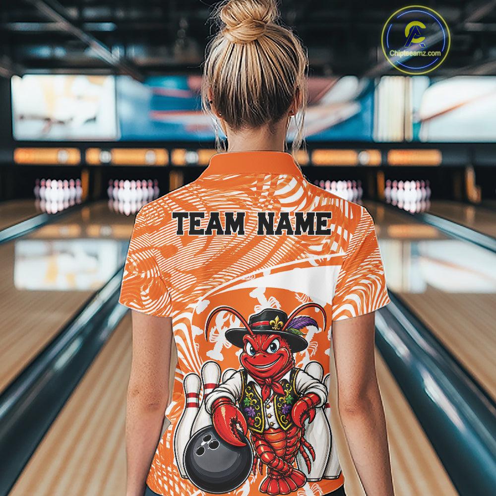 Back view of a female model in a bowling alley wearing an orange custom quarter-zip bowling shirt with a funny Cajun crawfish leaning on a bowling ball and a swamp-inspired texture background.