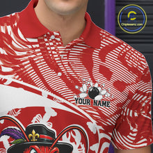 Load image into Gallery viewer, Close up front view of the left chest area on a red custom bowling polo shirt featuring a funny Cajun crawfish leaning on a bowling ball and a swamp inspired texture background.