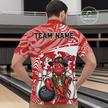 Load image into Gallery viewer, Back view of a male model in a bowling alley wearing a red custom quarter-zip bowling shirt with a funny Cajun crawfish leaning on a bowling ball and a swamp-inspired texture background.