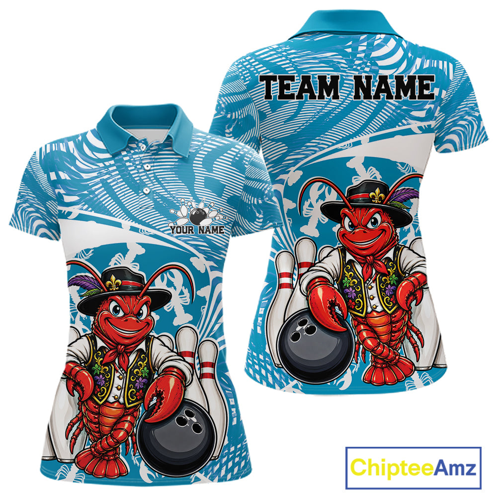 Front and back views of a blue custom women's bowling polo shirt featuring a funny Cajun crawfish leaning on a bowling ball with a swamp inspired texture background.