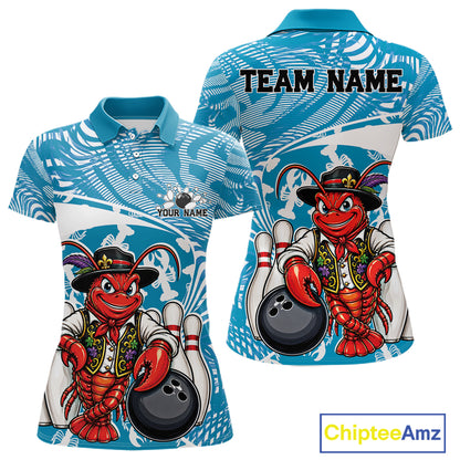 Front and back views of a blue custom women's bowling polo shirt featuring a funny Cajun crawfish leaning on a bowling ball with a swamp inspired texture background.