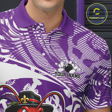 Load image into Gallery viewer, Close up front view of the left chest area on a purple custom bowling polo shirt featuring a funny Cajun crawfish leaning on a bowling ball and a swamp inspired texture background.