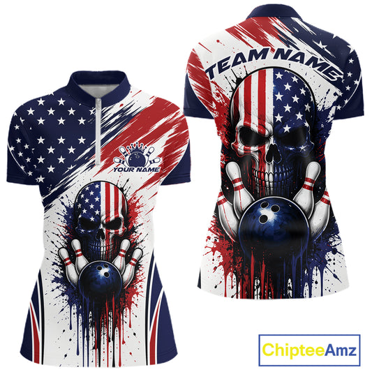 Custom Patriotic American Flag Skull Bowling Women Quarter-Zip Shirt, US Bowling Jersey IPHW11703