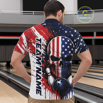 Custom Patriotic American Flag Skull Bowling Team Men Quarter Zip Shirt, US Flag Bowling Jersey IPHW11704