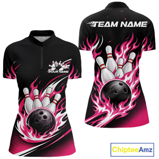 Custom Pink Flame Bowling Jerseys, Bowling Team Women Quarter-Zip Shirt Bowlers Outfit IPHW11705