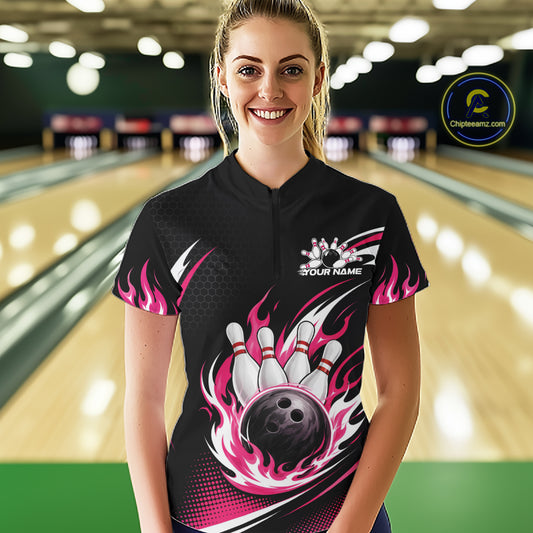 Custom Pink Flame Bowling Jerseys, Bowling Team Women Quarter-Zip Shirt Bowlers Outfit IPHW11705