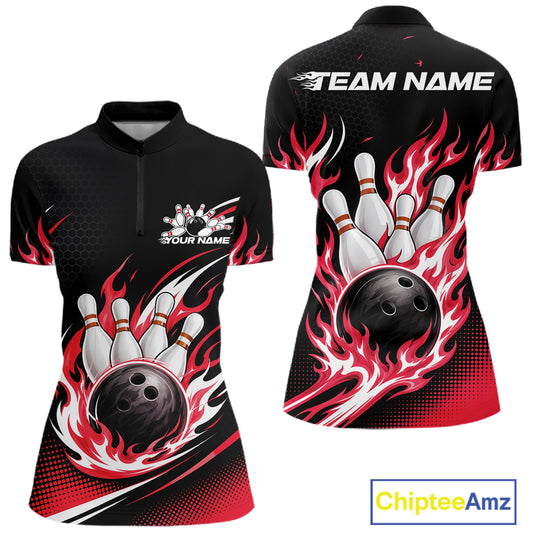 Custom Red Flame Bowling Jerseys, Bowling Team Women Quarter-Zip Shirt Bowlers Outfit IPHW11707