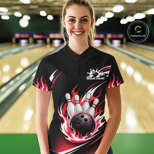 Custom Red Flame Bowling Jerseys, Bowling Team Women Quarter-Zip Shirt Bowlers Outfit IPHW11707