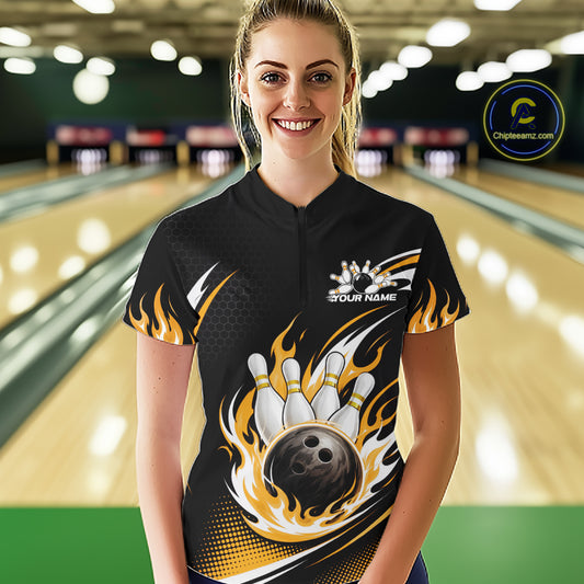 Custom Yellow Flame Bowling Jerseys, Bowling Team Women Quarter-Zip Shirt Bowlers Outfit IPHW11708