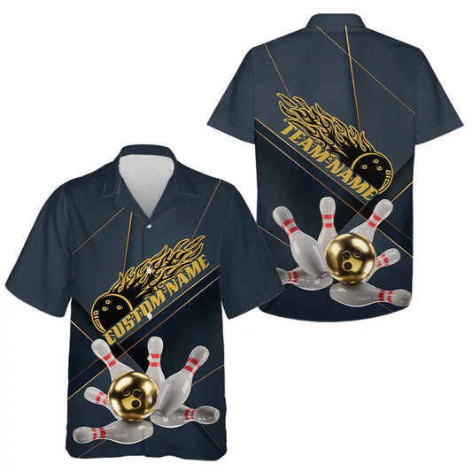 Custom Golden Bowling Hawaiian Shirts For Kid, Flame Bowling Team Shirts Bowling Uniform IPHW7335