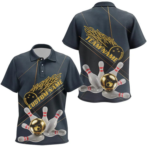 Custom Golden Bowling Polo Shirts For Kid, Flame Bowling Team Shirts Bowling Uniform IPHW7335