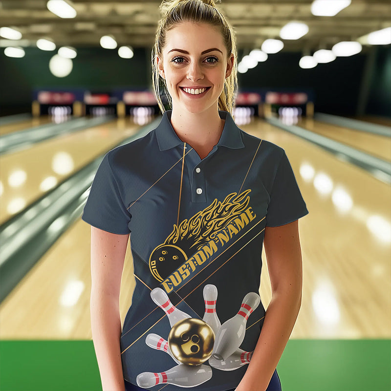 Custom Golden Bowling Shirts For Women, Flame Bowling Team Shirts Bowling Uniform IPHW7335